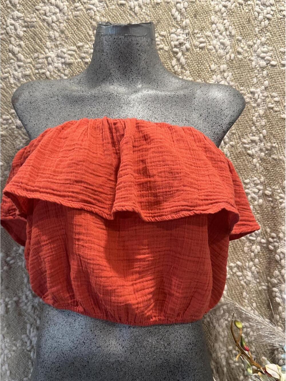 Aerie Red Strapless Ruffle Blouse, Size M